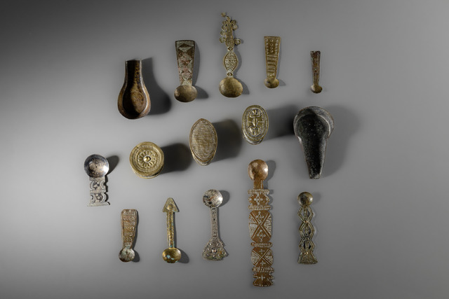 Gold dust spoons, blowing pans, and lidded containers, Ghana, Akan, ID: 3052836