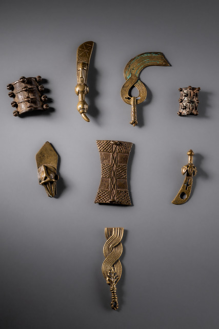 Eleven goldweights: shields and swords, Ghana, Akan, ID: 3052848