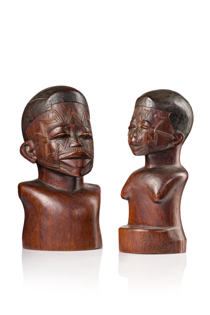 Female and male bust of outstanding quality, Mozambique, Makonde, Size: H: 22 cm 22,5 cm (H: 8.7 inch 8.9 inch), ID: 3053695