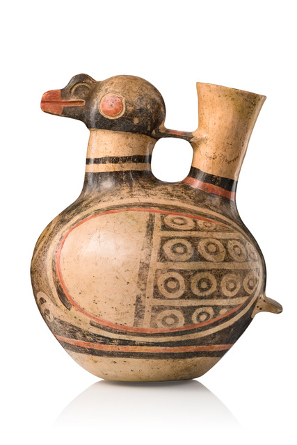 Tüllengefäß mit Bandhenkel in Gestalt eines Vogels, ca. 300 - 500 n.Chr., Peru, Recuay, Nördliches Hochland, Größe: H: 19,5 cm (H: 7.7 inch), ID: 3050258