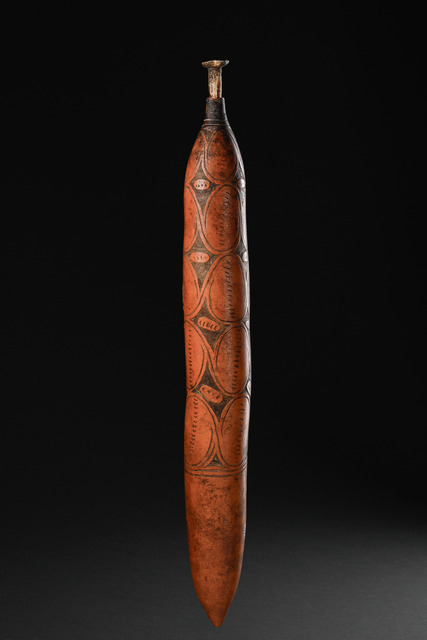 Lime container with bone spatula, Papua New Guinea - Upper Sepik, Size: L: 48 cm 26 cm (spatula) (L: 18.9 inch 10.2 inch (spatula)), ID: 3051651