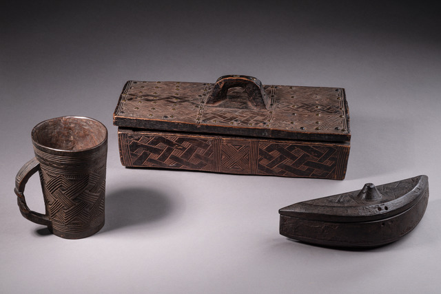 Two lidded containers and drinking cup, D. R. Congo, Kuba, ID: 3051715