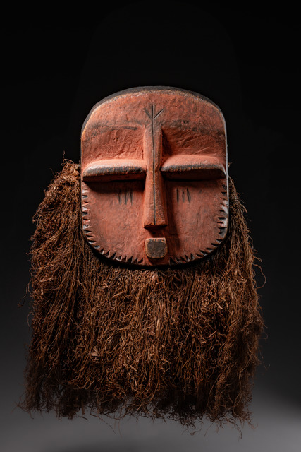 Rare rectangular flattened face mask, D. R. Congo, Eastern Pende, Size: H: 35 cm 65 cm (with beard) (H: 13.8 inch 25.6 inch (with beard)), ID: 3052054