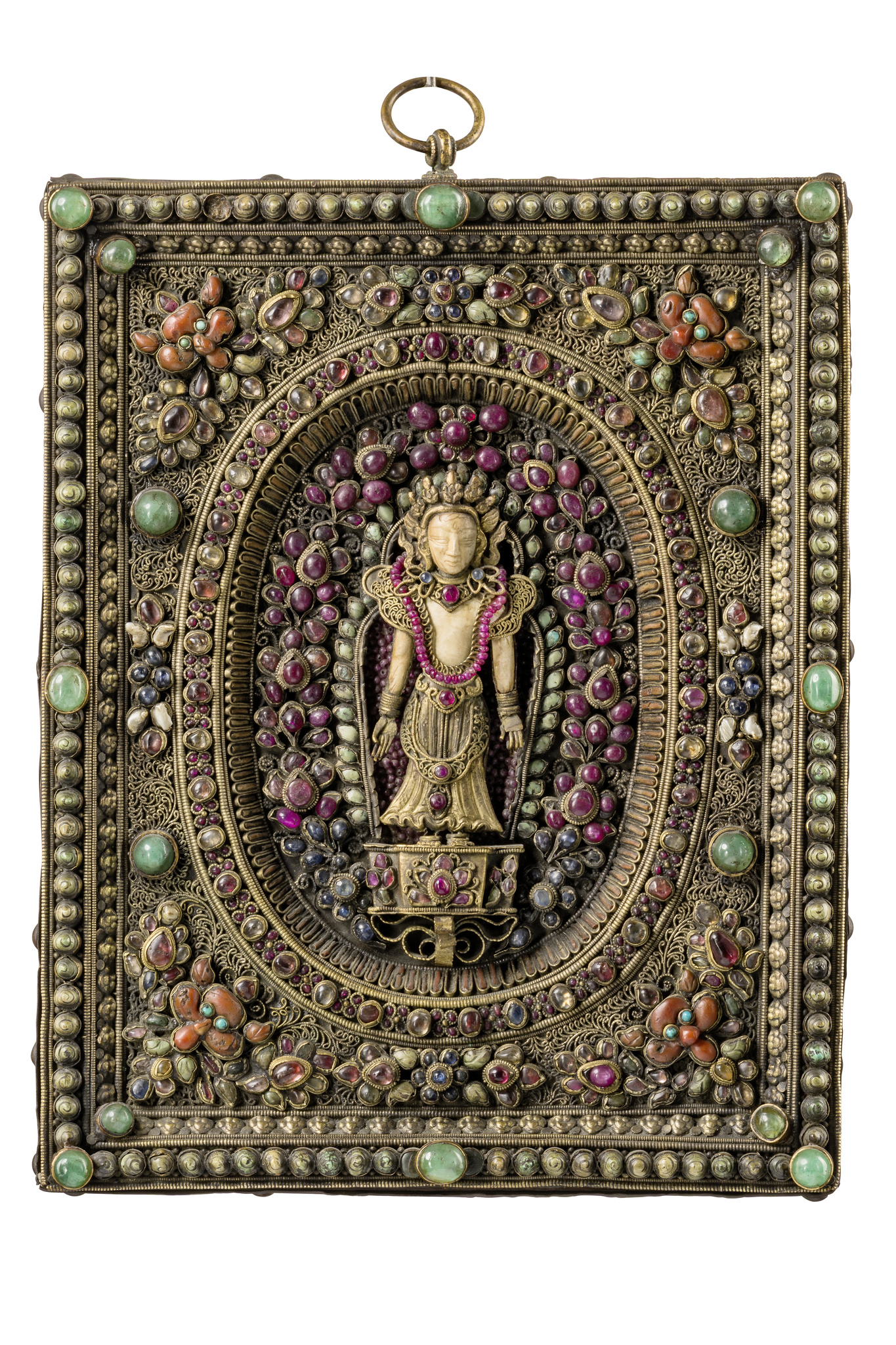 Ritualbild mit "Avalokiteshvara" ("Padmapani"), spätes 19. / frühes 20. Jh, Tibet / Nepal, Größe: M: 21 cm x 21,5 cm x 3,5 cm (M: 8.3 inch x 8.5 inch x 1.4 inch), ID: 3052859