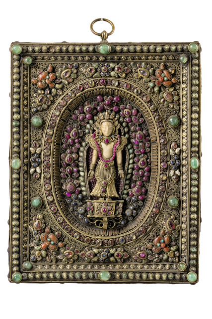 Ritualbild mit "Avalokiteshvara" ("Padmapani"), spätes 19. / frühes 20. Jh, Tibet / Nepal, Größe: M: 21 cm x 21,5 cm x 3,5 cm (M: 8.3 inch x 8.5 inch x 1.4 inch), ID: 3052859