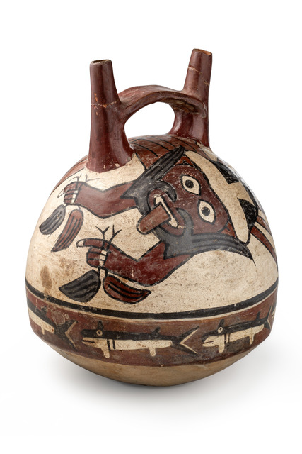 Récipient à double orifice avec être anthropomorphe, env. 200 -600 apr. J-C., Pérou, Nazca, Taille: H: 21 cm (H: 8.3 inch), ID: 3052526