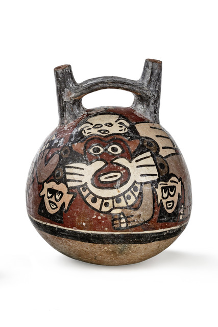 Récipient à double orifice avec démon chat, vers 200 - 600 apr. J.-C., Pérou, Nazca, Taille: H:  17,5 cm (H:  6.9 inch), ID: 3052527