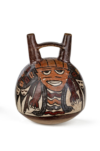 Récipient à double orifice avec des êtres mythiques, env. 200 - 600 apr. J.-C., Pérou, Nazca, Taille: H: 14,5 cm (H: 5.7 inch), ID: 3052528