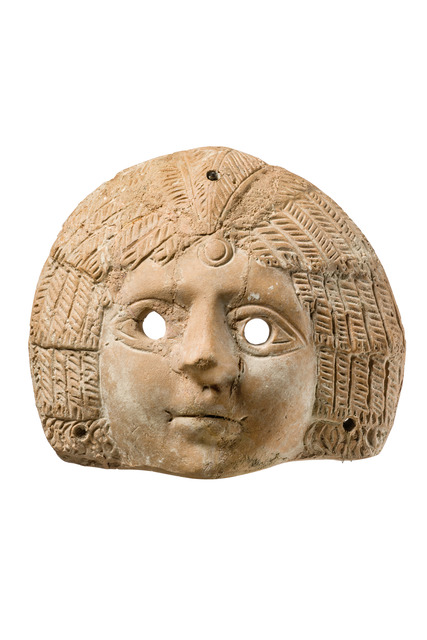 Female theatre mask, ca. 1st to 3rd century AD, Roman, Size: H: 14 cm (H: 5.5 inch), ID: 3052560