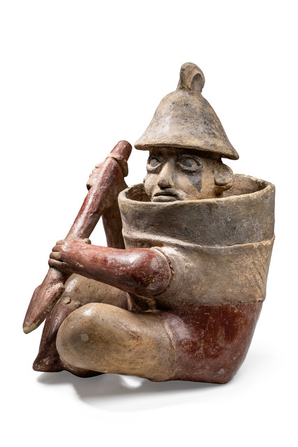 Guerrier assis, période proto-classique, env. 1er siècle av. J.-C. – 3e siècle apr. J.-C., Mexique, Jalisco, Ameca, Taille: H: 33 cm (H: 13.0 inch), ID: 3052486