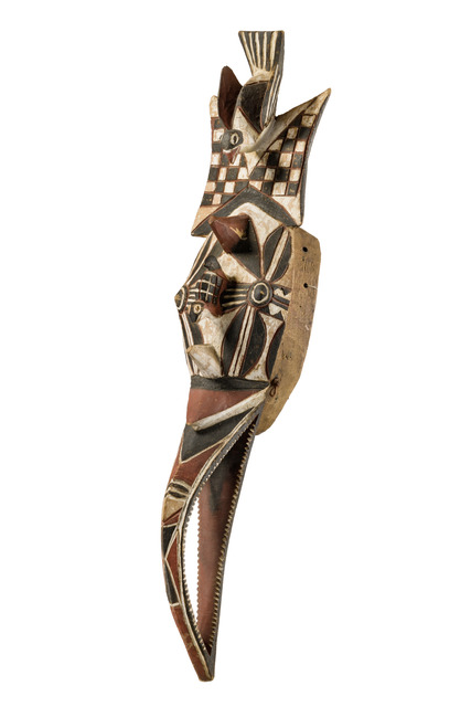 Hornbill mask with bird and chameleon, Burkina Faso, Gurunsi, Nuna, Size: H: 105,5 cm (H: 41.5 inch), ID: 3052870