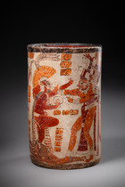 Polychrome cylinder vase, Late Classic Period, ca. 700 - 900 AD, Guatemala, Petén area, El Zotz / Chinochultun, Maya, Size: H: 18 cm D: 11 cm (H: 7.1 inch D: 4.3 inch), ID: 3052937 - 2/6