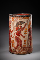 Polychrome cylinder vase, Late Classic Period, ca. 700 - 900 AD, Guatemala, Petén area, El Zotz / Chinochultun, Maya, Size: H: 18 cm D: 11 cm (H: 7.1 inch D: 4.3 inch), ID: 3052937 - 3/6