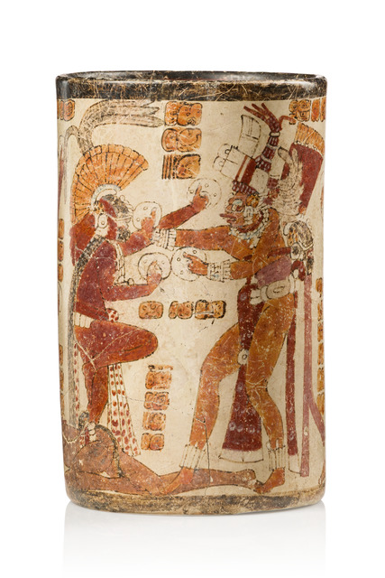 Polychrome cylinder vase, Late Classic Period, ca. 700 - 900 AD, Guatemala, Petén area, El Zotz / Chinochultun, Maya, Size: H: 18 cm D: 11 cm (H: 7.1 inch D: 4.3 inch), ID: 3052937