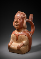 Stirrup vessel seated man, Moche III, Early interim period, ca. 300 - 400 AD, Peru, Moche, Size: H: 22,5 cm (H: 8.9 inch), ID: 3052943 - 2/6