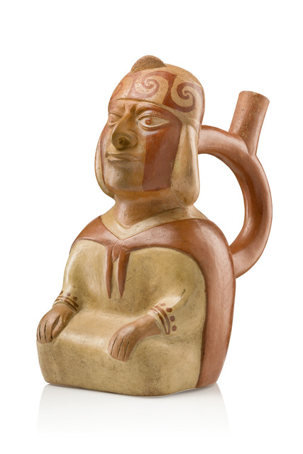 Stirrup vessel seated man, Moche III, Early interim period, ca. 300 - 400 AD, Peru, Moche, Size: H: 22,5 cm (H: 8.9 inch), ID: 3052943