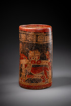 Polychrome cylinder vase, Late Classic Period, ca. 600 - 900 AD, Guatemala, Petén / Mexico, Chiapas, Maya, Size: H: 19,5 cm D: 10 cm (H: 7.7 inch D: 3.9 inch), ID: 3052964 - 2/8