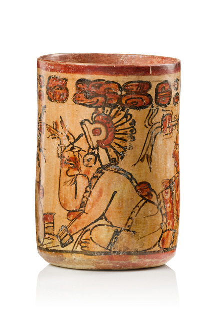 Polychrome cylinder vase with enema scene, Late Classic Period, ca. 700 - 900 AD, Guatemala, Petén, Maya, Size: H: 15,4 cm D: 10,5 cm (H: 6.1 inch D: 4.1 inch), ID: 3052983