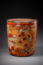 Polychrome cylinder vase, Late Classic Period, ca. 700 - 900 AD, Guatemala, Petén, Maya, Size: H: 15,5 cm D: 13,5 cm (H: 6.1 inch D: 5.3 inch), ID: 3052984 - 7/8