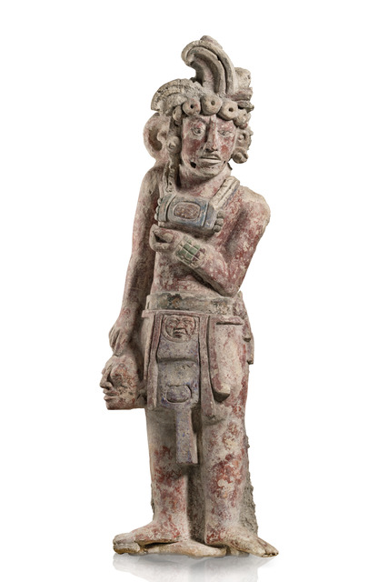 Male figure with trophy head, Classic period, ca. 250 - 900 AD, Mexico, Maya, Size: H: 131 cm B: 42 cm (feet) (H: 51.6 inch B: 16.5 inch (feet)), ID: 3052987