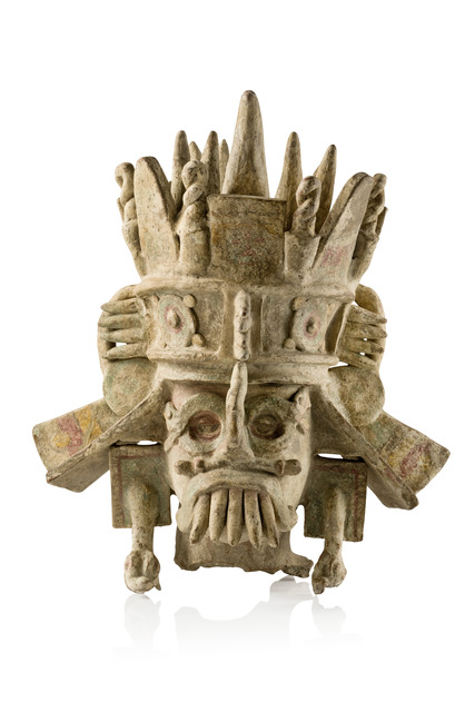 Head of the weather god "Tlaloc", Post Classic, ca. 1200 - 1450 AD, Mexico, Aztecs, Size: M: 43 cm x 37,5 cm (M: 16.9 inch x 14.8 inch), ID: 3052989