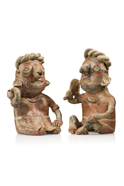 Seated couple, ca. 200 BC - 300 AD, Mexico, Ixtlán del Rio, Nayarit, Size: H: 32 cm / 33 cm (female/male) (H: 12.6 inch / 13.0 inch (female/male)), ID: 3052998
