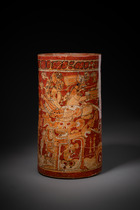 Large polychrome cylinder vase, Classic Period, ca. 550 - 800 AD, Guatemala, Northern Petén area / Southern Campeche, Maya, Size: H: 27,3 cm D: 14 cm / 15 cm (H: 10.7 inch D: 5.5 inch / 5.9 inch), ID: 3053008 - 2/8