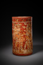 Large polychrome cylinder vase, Classic Period, ca. 550 - 800 AD, Guatemala, Northern Petén area / Southern Campeche, Maya, Size: H: 27,3 cm D: 14 cm / 15 cm (H: 10.7 inch D: 5.5 inch / 5.9 inch), ID: 3053008 - 3/8