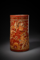 Large polychrome cylinder vase, Classic Period, ca. 550 - 800 AD, Guatemala, Northern Petén area / Southern Campeche, Maya, Size: H: 27,3 cm D: 14 cm / 15 cm (H: 10.7 inch D: 5.5 inch / 5.9 inch), ID: 3053008 - 5/8