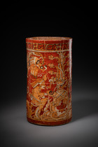 Large polychrome cylinder vase, Classic Period, ca. 550 - 800 AD, Guatemala, Northern Petén area / Southern Campeche, Maya, Size: H: 27,3 cm D: 14 cm / 15 cm (H: 10.7 inch D: 5.5 inch / 5.9 inch), ID: 3053008 - 7/8