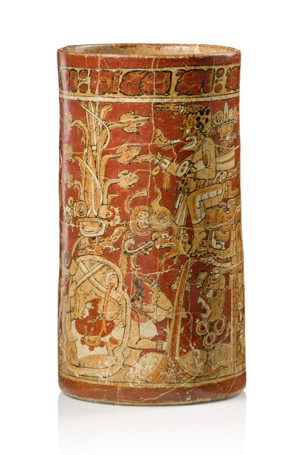 Large polychrome cylinder vase, Classic Period, ca. 550 - 800 AD, Guatemala, Northern Petén area / Southern Campeche, Maya, Size: H: 27,3 cm D: 14 cm / 15 cm (H: 10.7 inch D: 5.5 inch / 5.9 inch), ID: 3053008