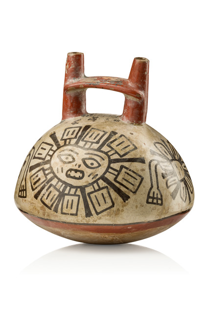 Spherical vessel with double spout, Early interim period, ca. 200 BC - 600 AD, Peru, Nazca, Size: H: 10,5 cm (H: 4.1 inch), ID: 3053028