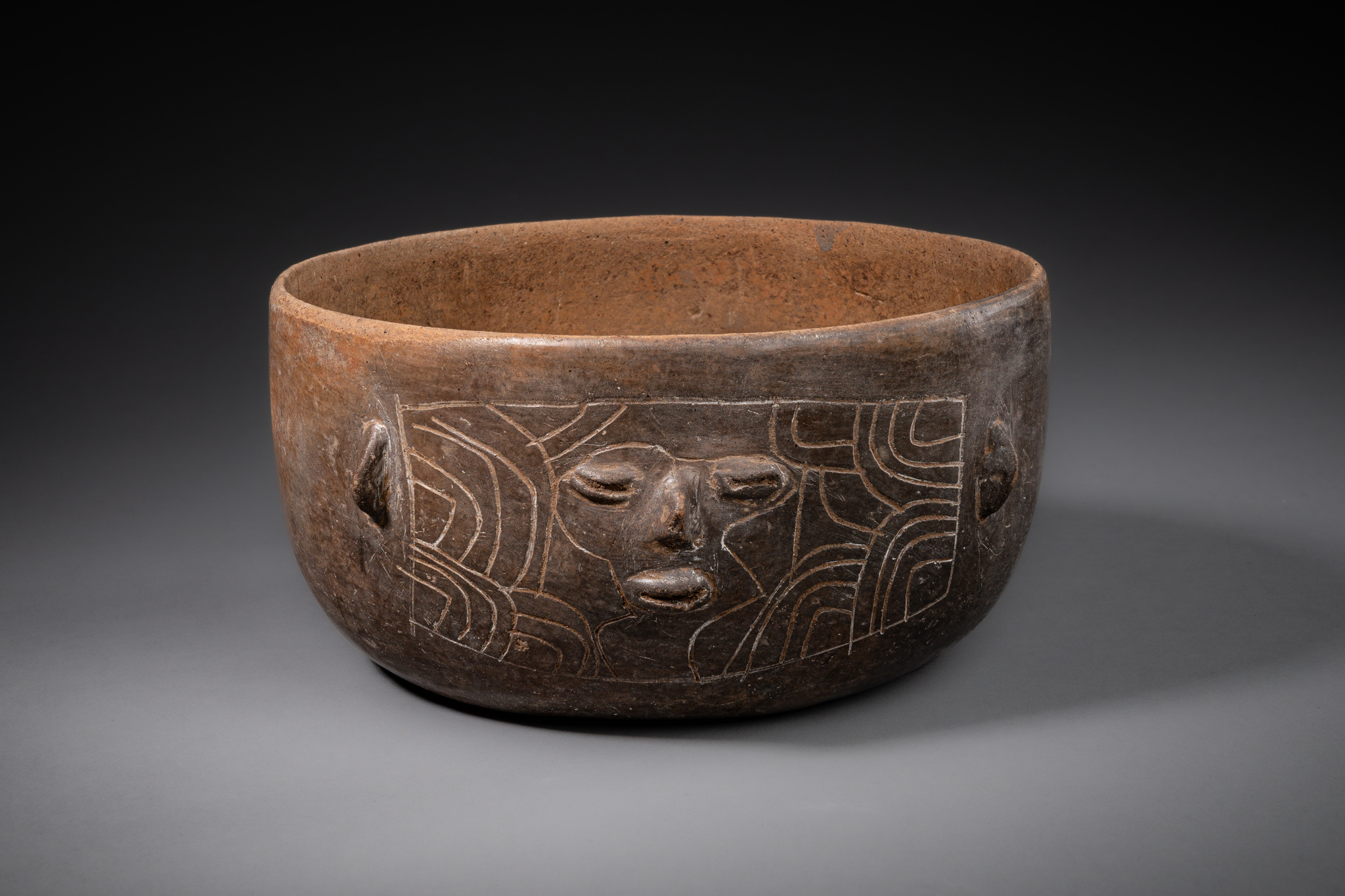 Schale mit anthropomorphem Gesicht, vorklassische Periode, 250 v.Chr.-250 n. Chr., Mexiko, Maya, Größe: D: 17,2 cm (D: 6.8 inch), ID: 3052930