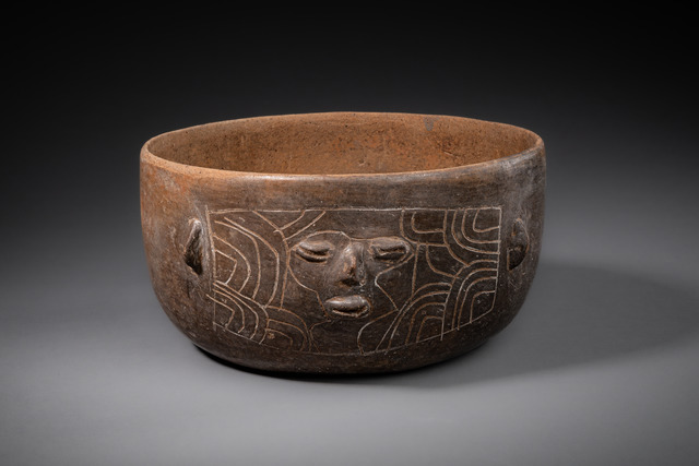 Schale mit anthropomorphem Gesicht, vorklassische Periode, 250 v.Chr.-250 n. Chr., Mexiko, Maya, Größe: D: 17,2 cm (D: 6.8 inch), ID: 3052930