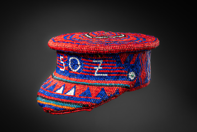 Colonial hat "5OZ", D. R. Congo, Yaka, Size: M: 12,5 cm x 28 cm (M: 4.9 inch x 11.0 inch), ID: 3053559