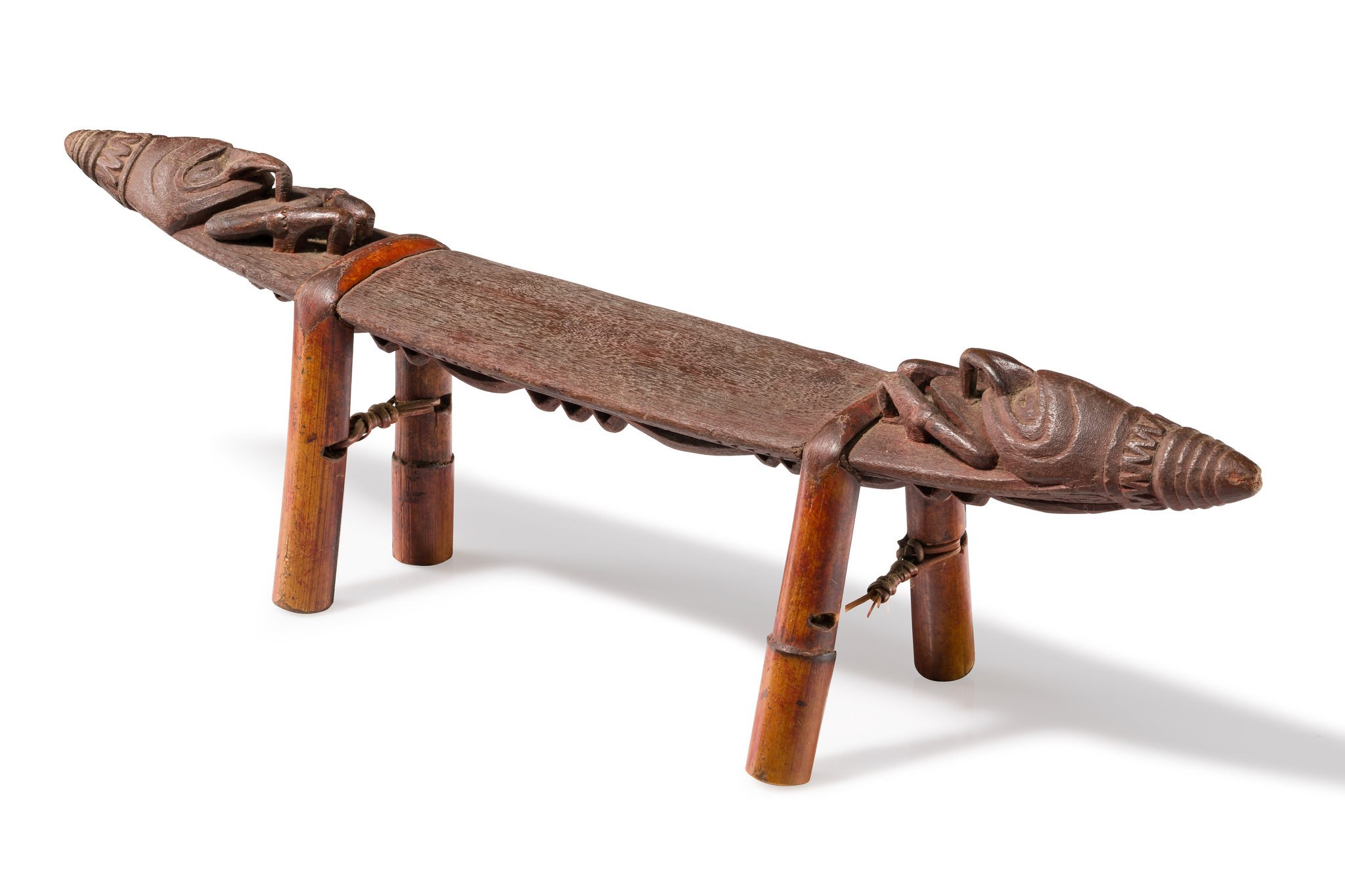 Neckrest with classical ancestral representations, Papua New Guinea - Sepik, Size: H: 14 cm L: 48 cm (H: 5.5 inch L: 18.9 inch), ID: 3053722