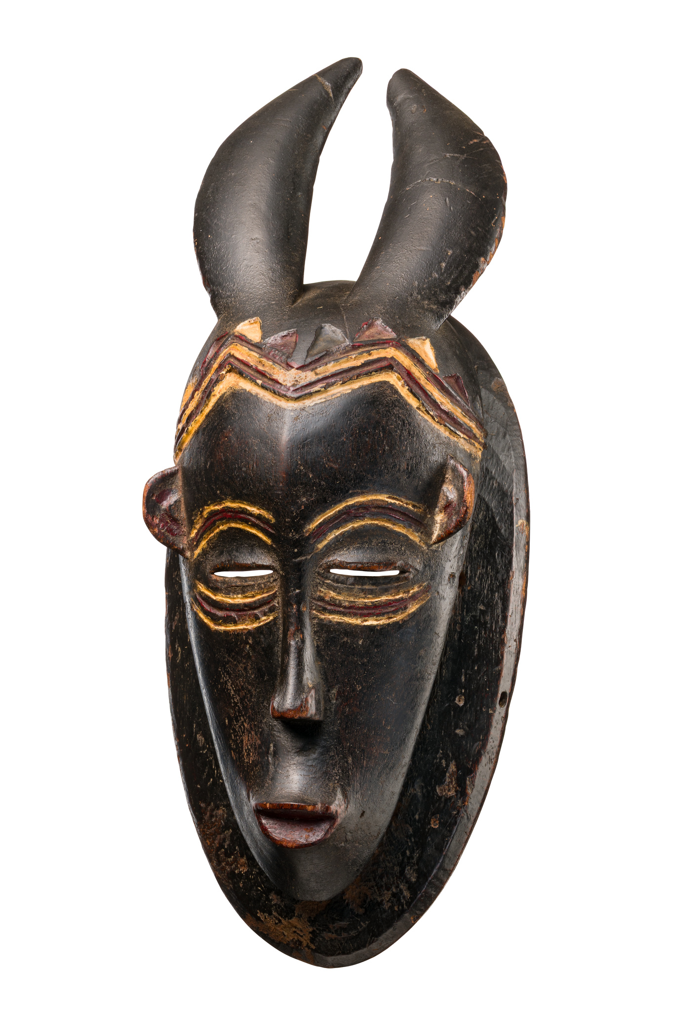 Masque "gu" à cornes animales, Côte d'Ivoire, Guro, Taille: H: 34,5 cm (H: 13.6 inch), ID: 3053629